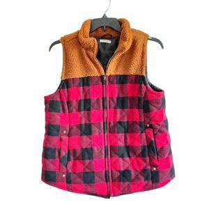 Maurices Large Red Black Plaid Brown Sherpa Zip Sleeveless Quilted Vest Cozy